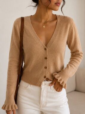 BANANA REPUBLIC Italian Yarn Tan Cardigan Coquette Luxe Ruffle Cuff Knit Sz M